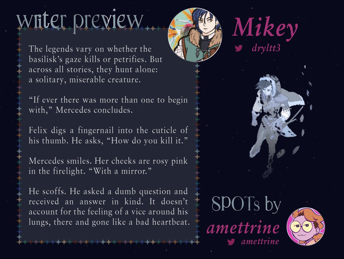 guidingstarsfz's tweet photo. 💙 Writer Preview: Mikey 💙

What kind of story Mercedes could be talking about? Find out more in @dryltt3's fic along with @amettrine's spot art!

Preorders for Guiding Stars are open! Place your orders now here: https://t.co/3ZOl3inb3T https://t.co/iJqrGsBKzY