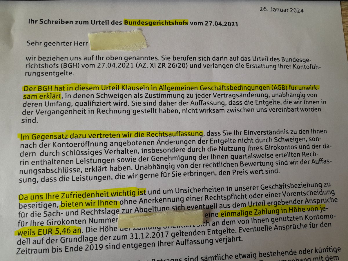 Die @sparkasse an Volme und Ruhr sieht sich nicht länger an Urteile des @BGH_Bund gebunden. Stattdessen belustigt sie uns heute mit alternativer Rechtsauffasung und einem Schlichtungsangebot in Höhe von Fünf Euro Sechsundvierzig!