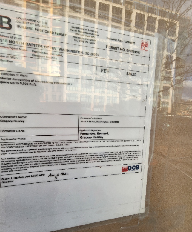 ScottRobertsDC's tweet photo. w-h-a-a-t?
anyone know what's up at Fresh Cuts Barber Shop, 1518 North Capitol St NW, next to @DMPEDDC's #CycleHouse project?
SOLD/For Sale sign in the window -- window is papered up.
@DC_DOB postcard permit dated 01-24-2024 -- no description
@TruxtonCircle #BloomingdaleDC https://t.co/vmj2izdRO4
