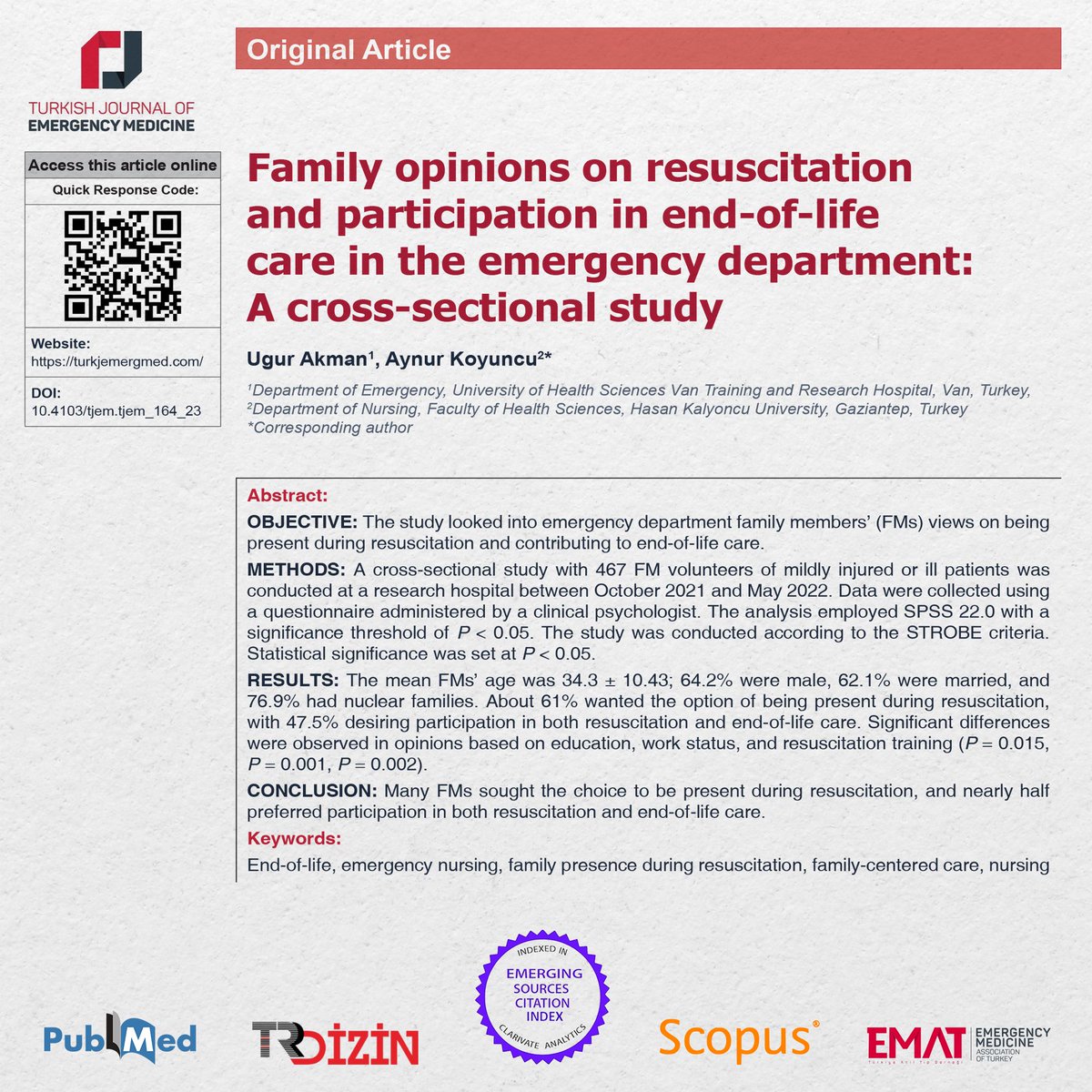 Article from 2024/1: Akman and Koyuncu, Family opinions on resuscitation and participation in end‑of‑life care in the emergency department: A cross‑sectional study #TurkJEmergMed #FOAMed #MedEd #EmergencyMedicine #OriginalArticle Full text: buff.ly/49uI6Nd
