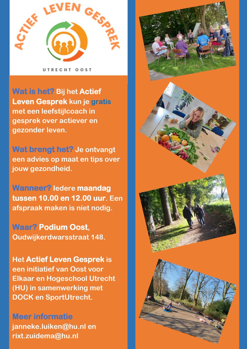 Wijkprimeur! Vanaf maandag 5 februari 2024 kun je terecht bij het Actief Leven Gesprek voor gratis advies voor een actiever en gezonder leven. Elke maandag van 10.00 tot 12.00 uur in <a href="/PodiumOost/">Podium Oost Utrecht</a> ben je van harte welkom. Kom je een keer kennismaken? Leuk!
