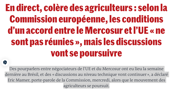 MaximCombes's tweet photo. Je suis en colère. 

Voilà la Commission européenne qui dément les propos de l'Elysée sur l'accord UE-Mercosur :  les négociations sur l'accord UE-Mercosur ne sont pas "stoppées" comme annoncé par @Elysee ce lundi soir. 

Elles vont même "se poursuivre" selon la Commission. https://t.co/lN7IDBnW9j