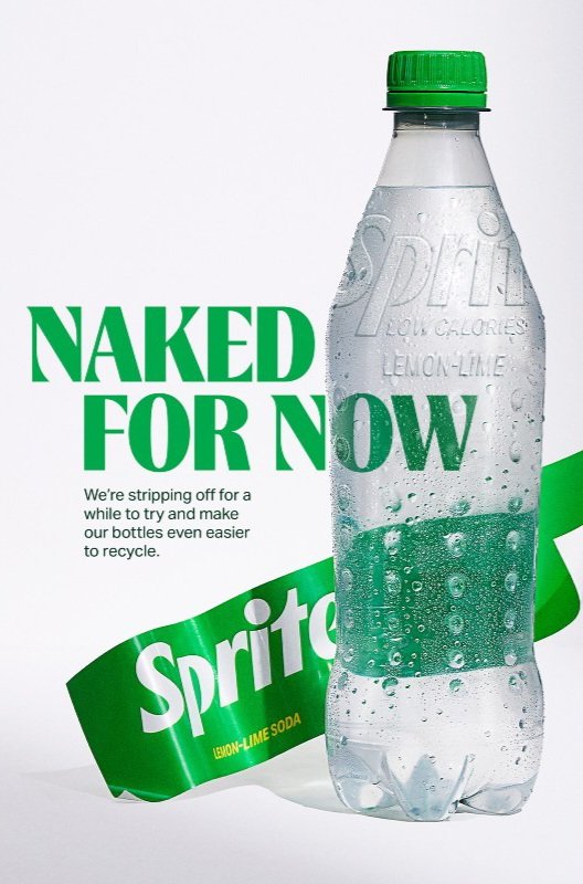 Interesting news to hear that <a href="/Sprite/">Sprite</a> will temporarily remove all labels from their bottles to trial a 'label-less' packaging to aid recycling. The labels will be replaced with an embossed logo on the front and laser-engraved product and nutritional information on the back.