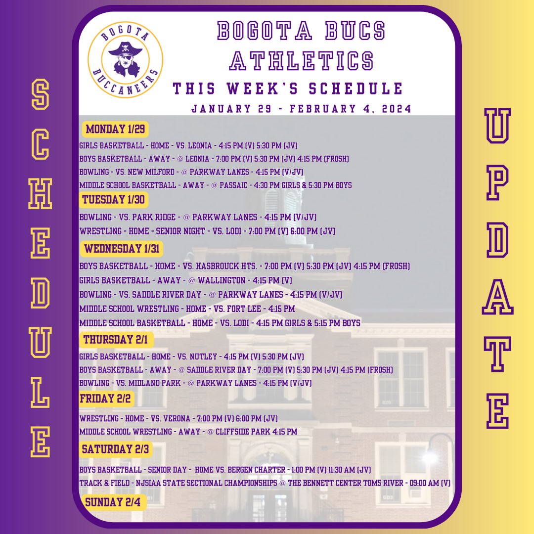 Bogota Bucs (@bogotaathletics) on Twitter photo SCHEDULE UPDATE: Here is an updated schedule of this week's athletic events. Best of luck to all of our student-athletes and coaches! Go Bucs! <a href="/BogotaPublic/">Bogota Public Schools</a> <a href="/bogotablognj/">Bogota Blog NJ</a> <a href="/BogotaHigh/">Bogota Jr./Sr. High School</a> SCHEDULE UPDATE: Here is an updated schedule of this week's athletic events. Best of luck to all of our student-athletes and coaches! Go Bucs! <a href="/BogotaPublic/">Bogota Public Schools</a> <a href="/bogotablognj/">Bogota Blog NJ</a> <a href="/BogotaHigh/">Bogota Jr./Sr. High School</a>