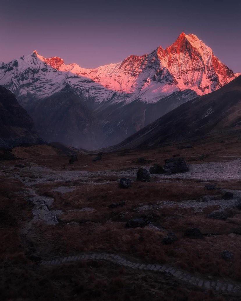 lvnepaltrvnepal's tweet photo. As the golden hues of the sunset embrace the Himalayan mountains, casting long shadows across the rugged peaks, a serene tranquility descends upon the majestic landscape. 📷 :bleroncaka_photography
#nepal #himalayas #machhapuchhare #annapurna #trekkingnepal #lovenepaltravelnepal https://t.co/WhFLg6t1pK