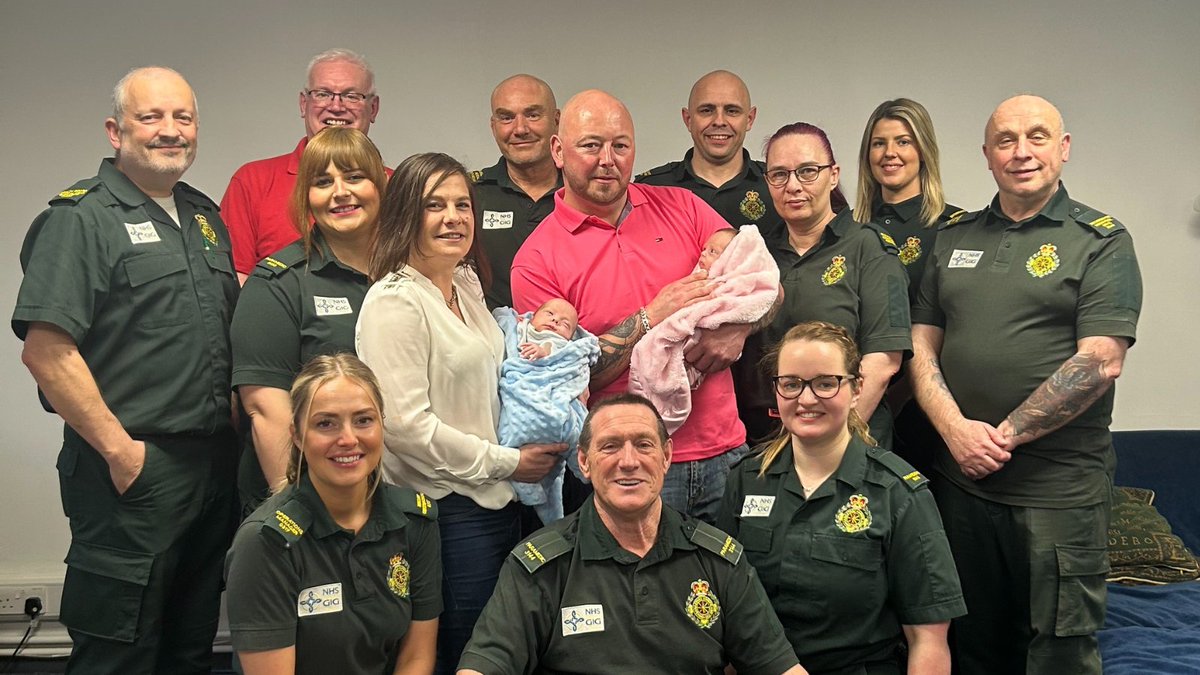 WelshAmbulance's tweet photo. A #MountainAsh mum and dad have had an emotional reunion with the ambulance crew who supported the birth of their premature twins. 👶

The #thermoregulation training that the #TeamWAST crew had just weeks prior enabled them to give the best possible care.🔗https://t.co/6XerfmVGmG https://t.co/O7xP9wzrmz