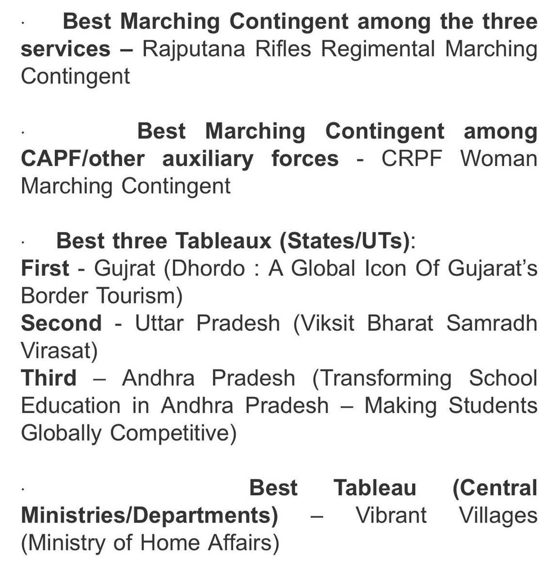 EconomicTimes's tweet image. MoS #Defence Ajay Bhatt gave the best #marching contingents and #tableaux awards for the #RepublicDay #Parade on January 30, 2024. He announced separate results – one by a panel of judges and the other through an online public vote conducted by MyGov and congratulated all the