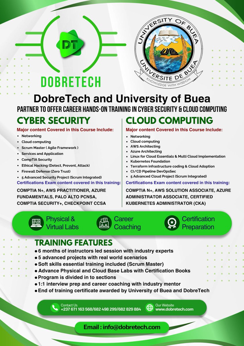 COTCiscoUB's tweet photo. *📢 Exciting News! 🚀*
@DobreTech and @UniversityofBuea have joined forces to offer career-focused, hands-on training in Cyber Security &amp; Cloud Computing

📞 Contact us: +237 671 163 568/682 498 299/682 829 884
🌐 Visit our website: https://t.co/rQap2rbZ2e

#CyberSecurity #Cloud https://t.co/vPppAtScU2