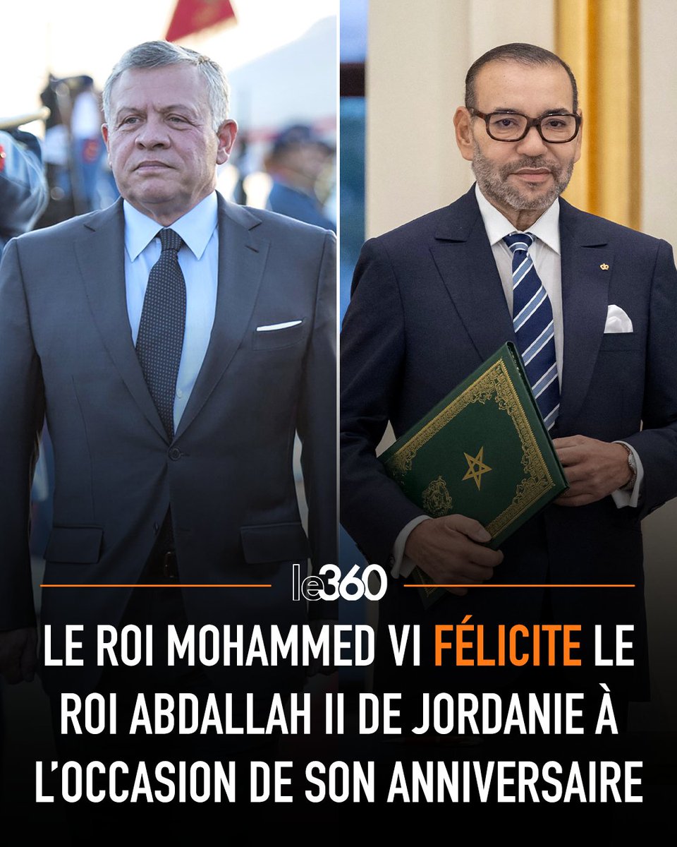 🇲🇦🇯🇴 Le roi Mohammed VI a adressé un message de félicitations au souverain du Royaume hachémite de Jordanie, le roi Abdallah II Ibn Al Hussein, à l’occasion de son anniversaire.

Dans ce message, le Roi exprime ses chaleureuses félicitations et ses vœux les meilleurs de santé et