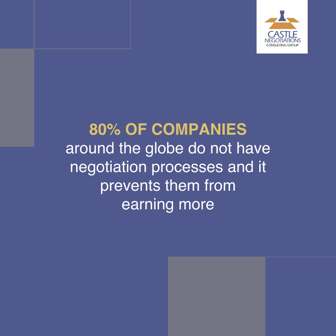 In a study presented by Huthwaite International, 80% of global companies don't employ strategic negotiation processes which hinders their profitabilty. 

Be the exception.  Train your teams to become masterful negotiatiors today with castlenegotiations.com

#negotiationskills