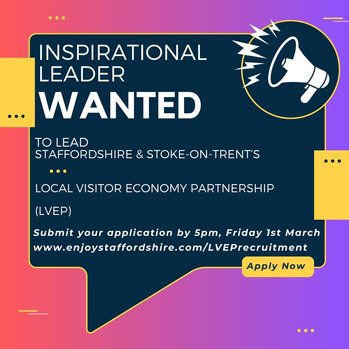 Could YOU be the first chair of the new #Staffordshire & Stoke-on-Trent LVEP Board?

We are looking for a senior leader to play a pivotal role in the growth and development of the tourism & hospitality sector in the county.

Find out more at enjoystaffordshire.com/LVEPrecruitment

#EnjoyStaffs