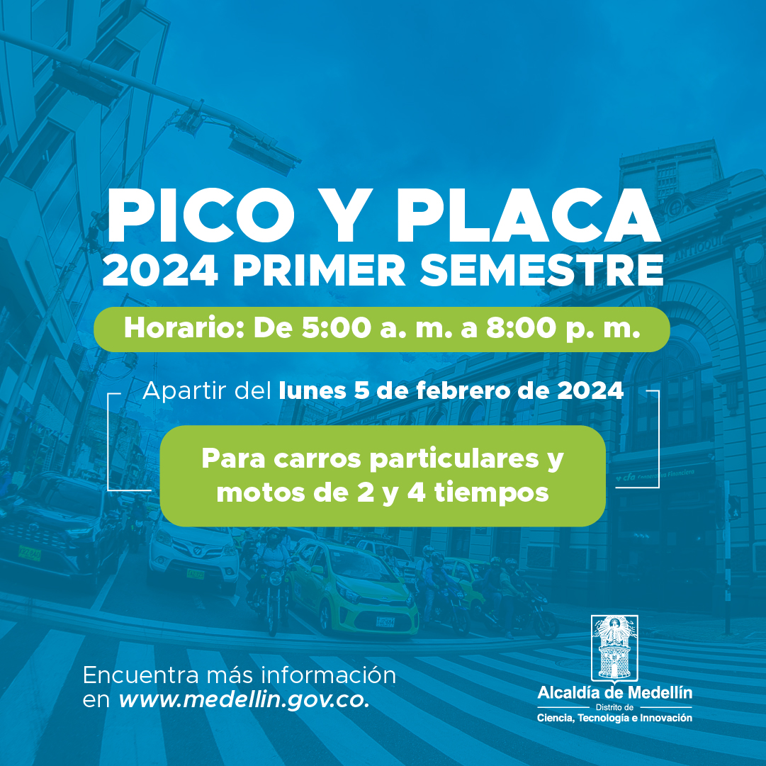 movilidad_med's tweet photo. 🚨Este lunes 5 de febrero comienza la nueva rotación del #PicoYPlacaMED para el primer semestre de 2024, para carros particulares y motos de 2 y 4 tiempos 🚙🛵🏍.

ℹ La medida empezará a regir de forma pedagógica por una semana y será sancionatoria a partir del 12 de febrero. https://t.co/n7Z7Xovz3f