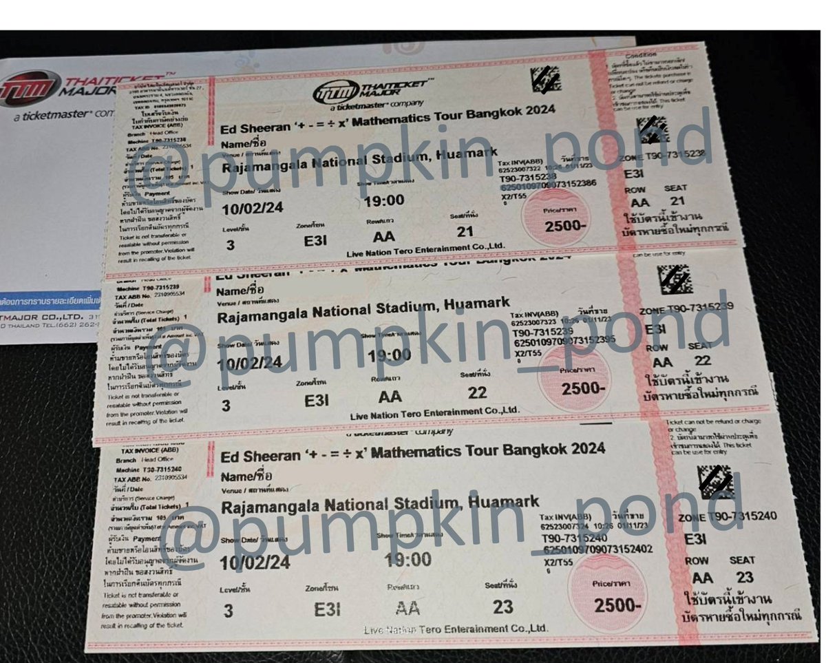 pumpkin_pond's tweet photo. ขายบัตรคอนเสิร์ต Ed Sheeran วันที่ 10 ก.พ. จขพ ไปไม่ได้แล้ว 😭
Zone  E3I ที่นั่งติดกัน 3 ที่ AA21-AA23 บัตรใบ 2500 ขายตรง ๆ ไม่บวกเพิ่ม สนใจต่อรองได้จ้า 😊
#TheMathematicsTourBKK #EdSheeranBKK
#EdSheeranBKK2024 https://t.co/0rxaFqLosE