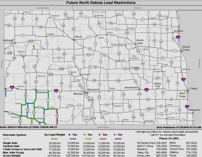NDPermits's tweet photo. #NDPermits Spring weight restrictions go into effect Thursday Morning at 7 am. NDDOT posted a map. #NDHP https://t.co/NdgDlrGsOX
