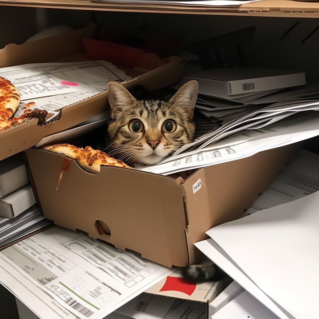 pizzacatnocap's tweet image. Drowning in paperwork but I’ve got my eyes on the prize: a cheesy comeback! #PizzaCat’s return is going to be epic! 🍕👀