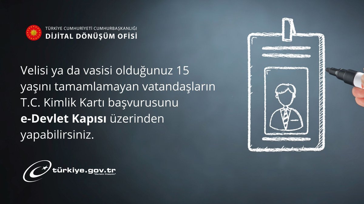 Velisi ya da vasisi olduğunuz 15 yaş altı çocuğunuz için T.C. Kimlik Kartı başvurunuzu e-Devlet Kapısı üzerinden yapabilirsiniz.
👉 <a href="/TC_icisleri/">T.C. İçişleri Bakanlığı</a> <a href="/TCNufus/">Nüfus ve Vatandaşlık İşleri Genel Müdürlüğü</a> <a href="/dijital/">Dijital</a>
🔗 ddo.link/15-yas-kimlik
#DijitalTR #edevlet