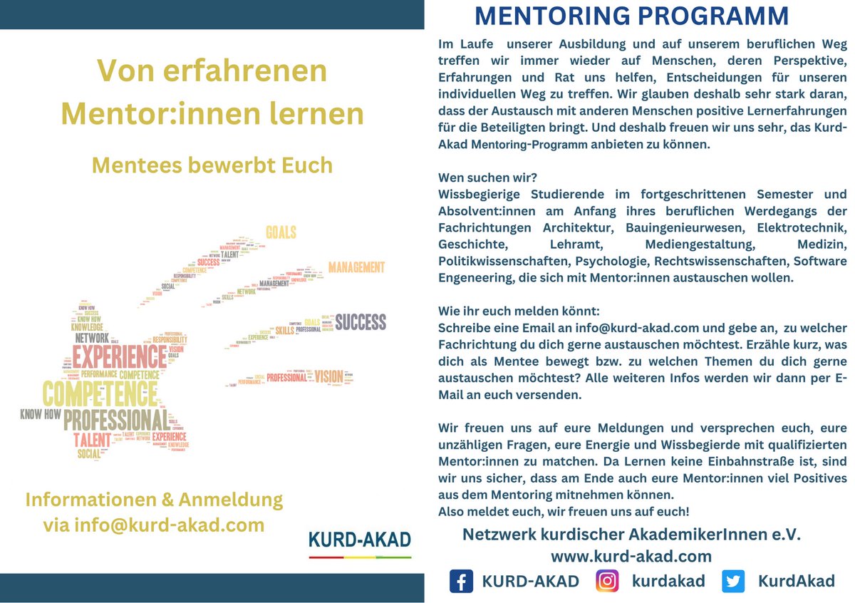 KurdAkad's tweet image. Mentees gesucht 👇
Sei ein Teil des neuen Mentoring Programms unserer Community.
Bibin beşek ji bernameya nû ya şêwirmendiyê ya civata me.
Be a part of our community's new mentoring programme.