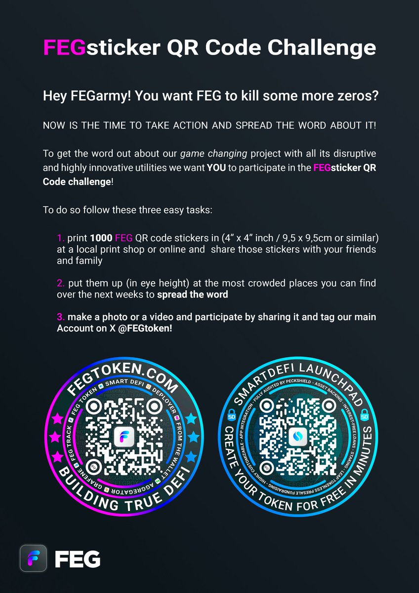 🏆 GORILLA CHALLENGE 🏆

“NOW IS THE TIME TO TAKE ACTION GORLLAS”

🙋‍♂️YOU can help to spread the word about FEG’s game changing disruptive technology and all the innovative utilities coming up by participating in the . . . 

🏆 FEGsticker QR code challenge 🏆

Just complete these
