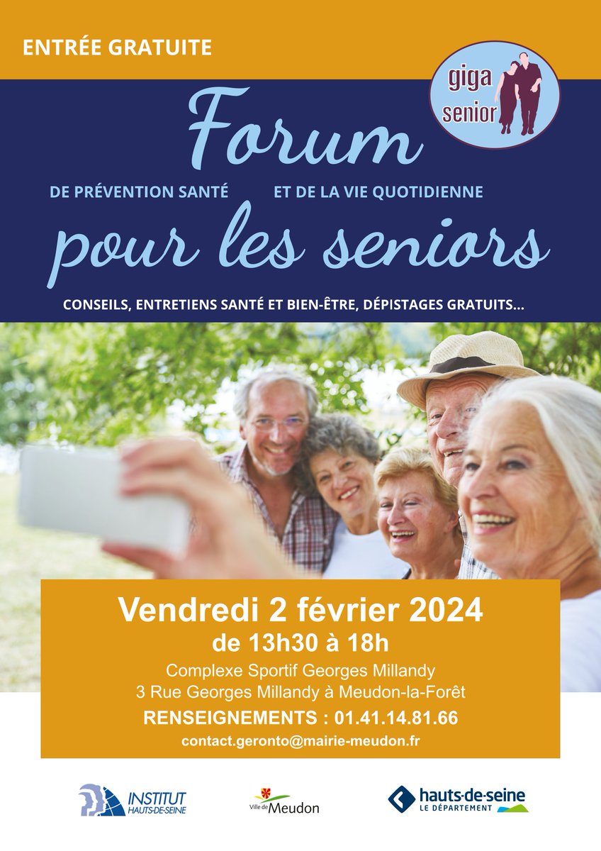 ⏱️ J-3 avant avant l'ouverture du forum #GigaSenior à @VilledeMeudon (@hautsdeseinefr).

💗🩺 Des professionnels de santé et nos équipes vous donnent rendez-vous le vendredi 2 février, de 14h30 à 18h, au gymnase Millandy (3 Rue Georges Millandy).

🔗 Plus d'infos sur