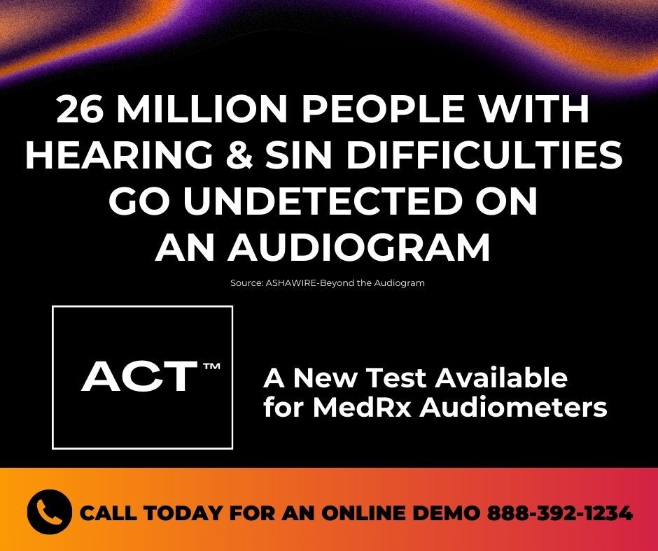 MedRxInc's tweet photo. Most hearing screenings test for loudness, not clarity. ACT the Audible Contrast Threshold test - now available for MedRx audiometers - tests sound in noise in just 2-3 minutes. Read more here: https://t.co/iw8QJBXKp4 Or call for a online demo. 888-392-1234
#medrx #hearingtest https://t.co/x9tuTbfge4