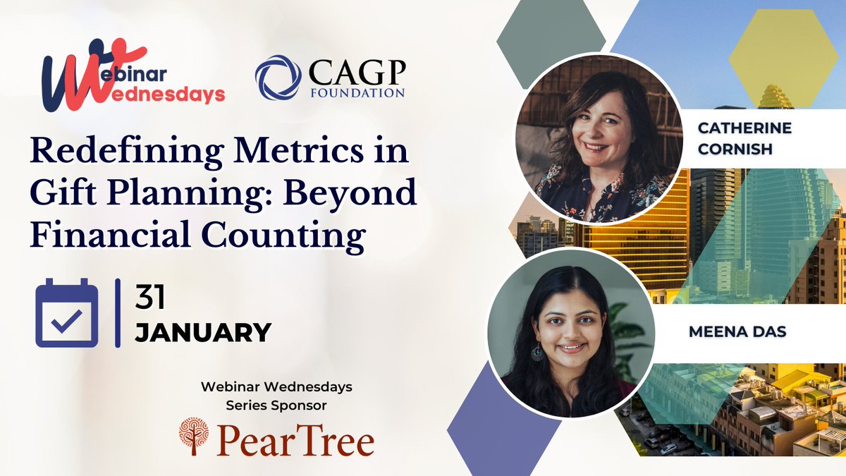 🚨 Webinar alert! Be sure to join us tomorrow for "Redefining Metrics in Gift Planning: Beyond Financial Counting", with presenters Catherine Cornish, Royal Columbian Hospital Foundation and Meena Das, NamasteData and Data Is For Everyone. Register: cagp-acpdp.org/en/civicrm/eve…