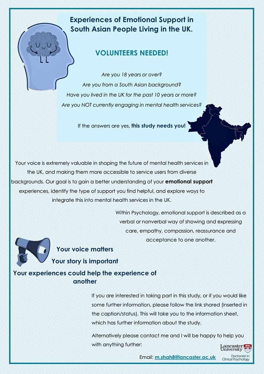 Would you be interested in taking part in a study exploring the experience of ‘emotional support’ for South Asian individuals living in the UK? If so, I’d love to hear from you! Please follow the link below for further information: lancasteruni.eu.qualtrics.com/jfe/form/SV_dg… @LancsDClinPsy