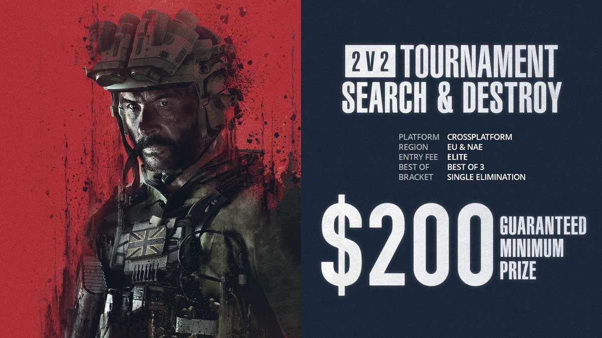 theesporthub's tweet photo. 🚨$200 GTD 2V2 ELITE TOURNAMENT🚨

⏰ Starts at 7:30pm GMT / 2:30pm EST
💰 $200 GTD prize - 1st place takes all
⚔️ 2v2 Search &amp; Destroy (Best of 3)

Free entry with ELITE. Join:
https://t.co/8G7L8aYy7s https://t.co/KFfZSeNhry