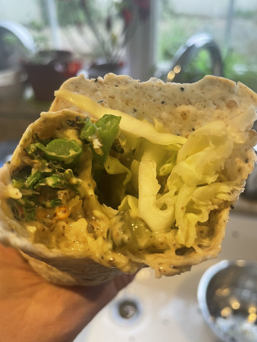 BassMidsTopsEtc's tweet photo. Freshly made baba ganoush, charred broccoli , chilli pickled garlic cloves, gherkin, shredded cabbage, toasted seeds, bish bash bosh #wrapgame https://t.co/QmKkrAE6Zd