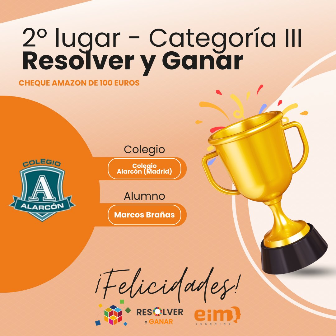 EIMlearning's tweet photo. 🏆 ¡Ganadores de Resolver y Ganar - Categoría III!

🥇 @CarmelitaMalaga (Málaga)
🥈 @colegioalarcon  (Madrid)
🥉 @colegio_alameda  (Madrid)

🍀 Los ganadores se llevan un cheque de Amazon por valor de 100 euros, ¡enhorabuena!

#EimLearning #IIResolveryGanar https://t.co/pID5VyNXvA