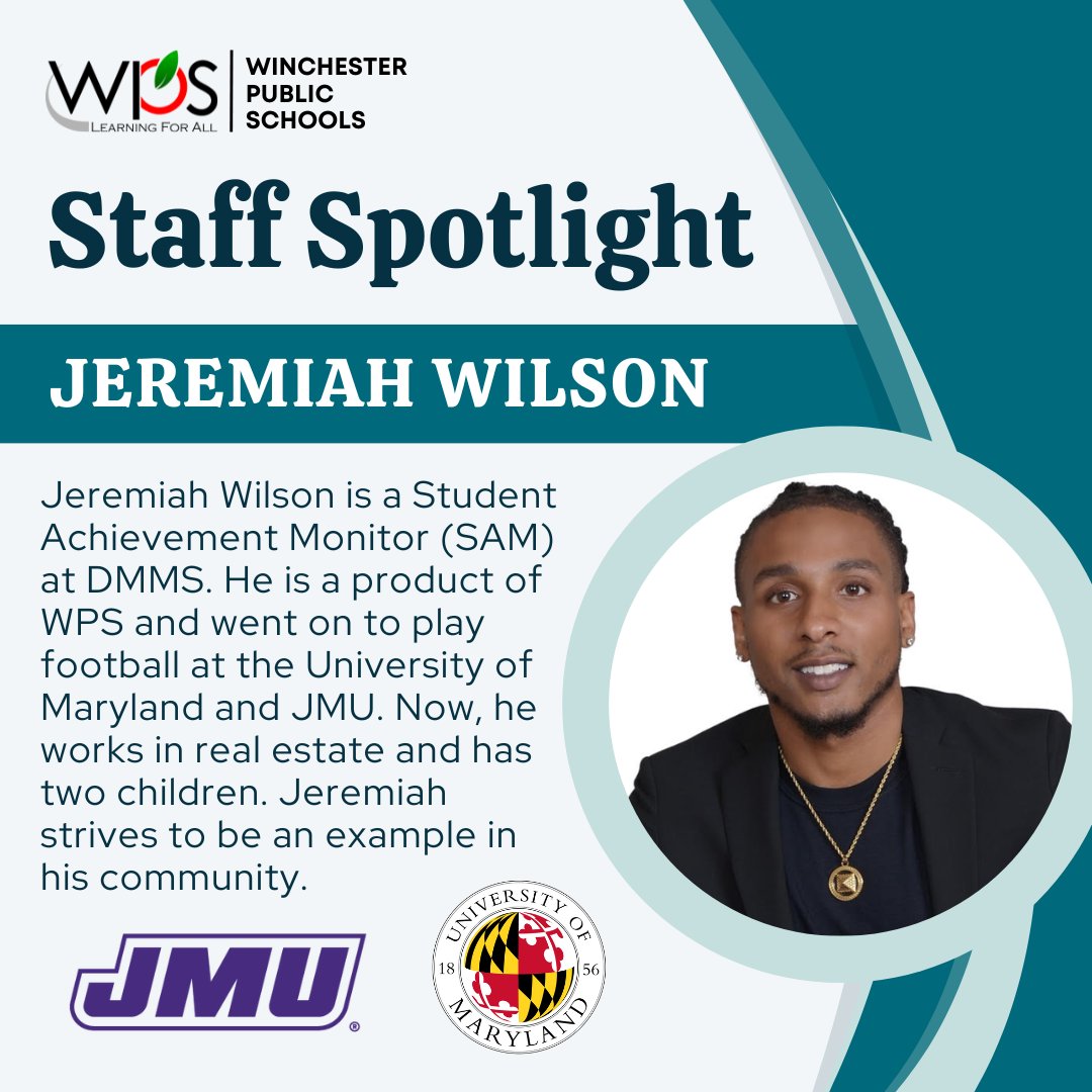 tweetwps's tweet photo. 👋 Meet Jeremiah Wilson, a Student Achievement Monitor (SAM) @ DMMS. Jeremiah is a product of WPS and went on to play football at @UofMaryland and JMU. Now, he works in real estate and has two children. Jeremiah strives to be an example in his community! 💥 #gowps https://t.co/xvhZ4DPsJk