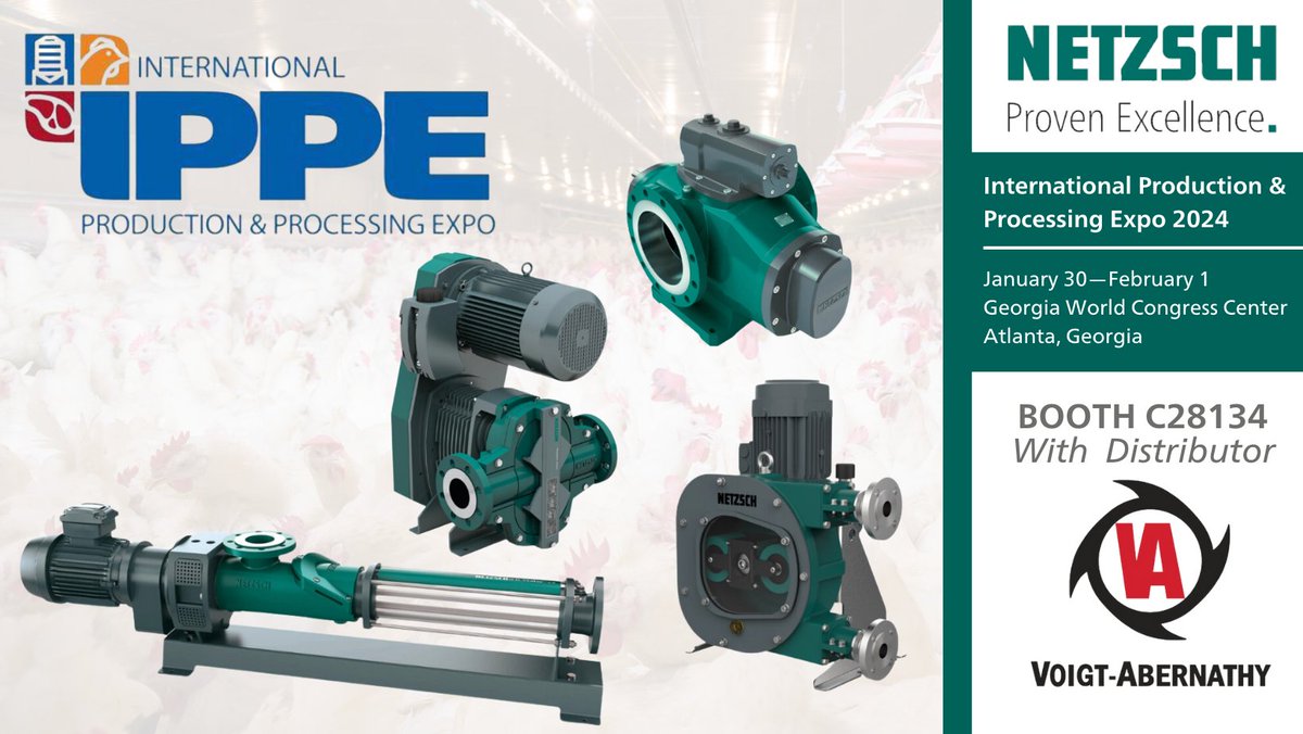 NetzschPumpsNA's tweet photo. IPPE starts today! We look forward to seeing you there and being with our distributor Voigt-Abernathy. Stop by booth C28134 to learn about our innovative pumping solutions for the poultry market. Call us at 610-363-8010 or visit https://t.co/jY25w3vIB5 #IPPE24 #netzsch https://t.co/7UF8eNtsG6