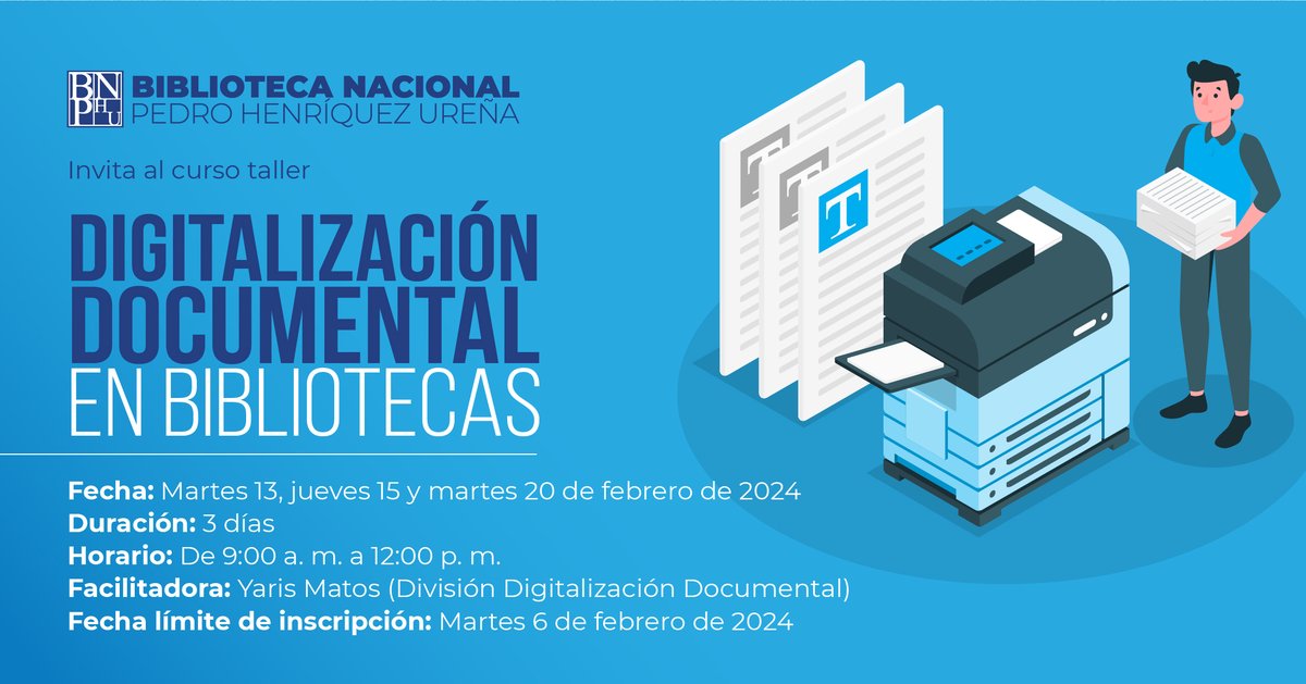 NO te pierdas este interesante curso.  
Es gratuito. 
Actualizado. 
Impartido por profesionales especializados en el área.

#BNPHU #digitalizaciondocumentalbnphu #preservacionydivulgaciondocumental
