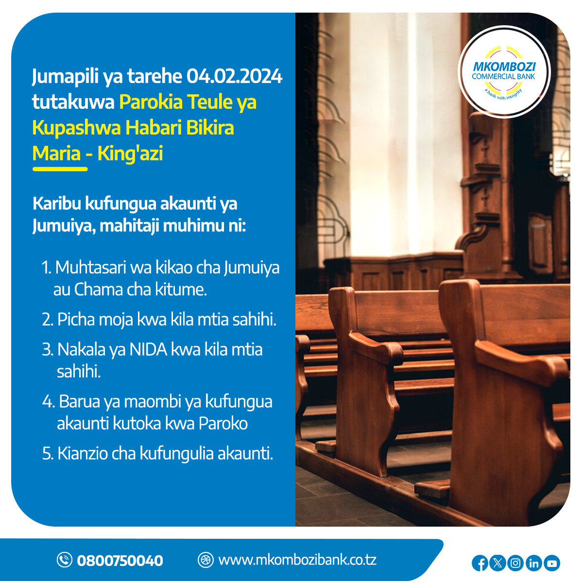 MkomboziBankPlc's tweet photo. Jumapili hii 4/2/2024 tutakuwepo Parokia teule ya Kupashwa Habari Bikira Maria - King'azi.

Karibu kupata huduma zetu za kibenki.

@kanisa_katolikitz @mkristo_mkatoliki_news @habari_za_kanisa

#mkombozibank
#abankwithintegrity https://t.co/ePzPrPKxYy