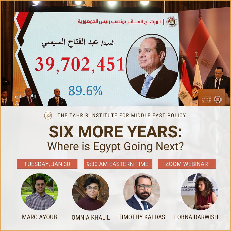 HAPPENING TODAY at 9:30 am EST (4:30 pm Cairo): @TimepDC hosts @OmniaKhalil, @lobna, @Marc_Ayoub, and @tekaldas for a timely conversation on what six more years under Sisi's tenure mean for Egypt, Egyptians, and MENA. 

You won't want to miss it: timep.org/2024/01/22/six…