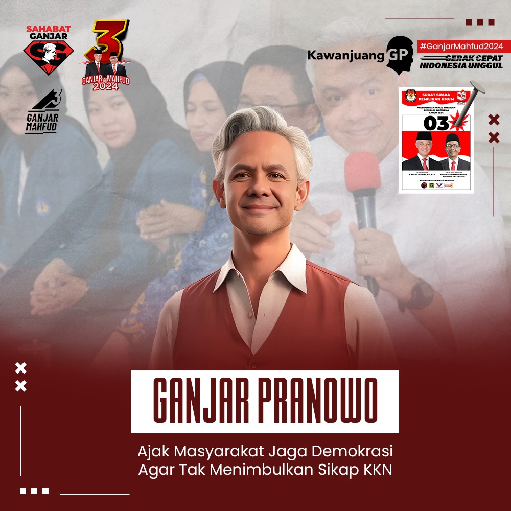 Ganjar Pranowo ajak masyarakat jaga demokrasi agar tidak menimbulkan sikap KKN. 
#GanjarAtasiKemiskinanRI