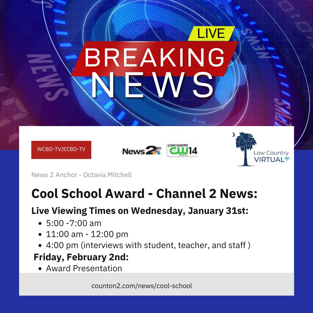 📰 📣🏆🥳 Low Country Virtual is set to take center stage on WCBD-TV/ECBD-TV (Ch. 2 news) this Wed, Jan 31st! 🌟Join us as we receive a special award, commemorating the ongoing success of our full-time #virtuallearning program. 🤩 #onlinelearning #LCVLeads #Schoolchoice 👏 @WCBD