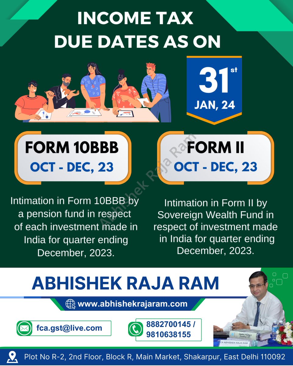 Due Date Reminder!
INCOME TAX DUE DATES 
FORM IOBBB & FORM 11 OCT - DEC, 23

#Form10BBB #FormII #CharitableTrust #TaxExemption #NonProfit #IncomeTaxIndia