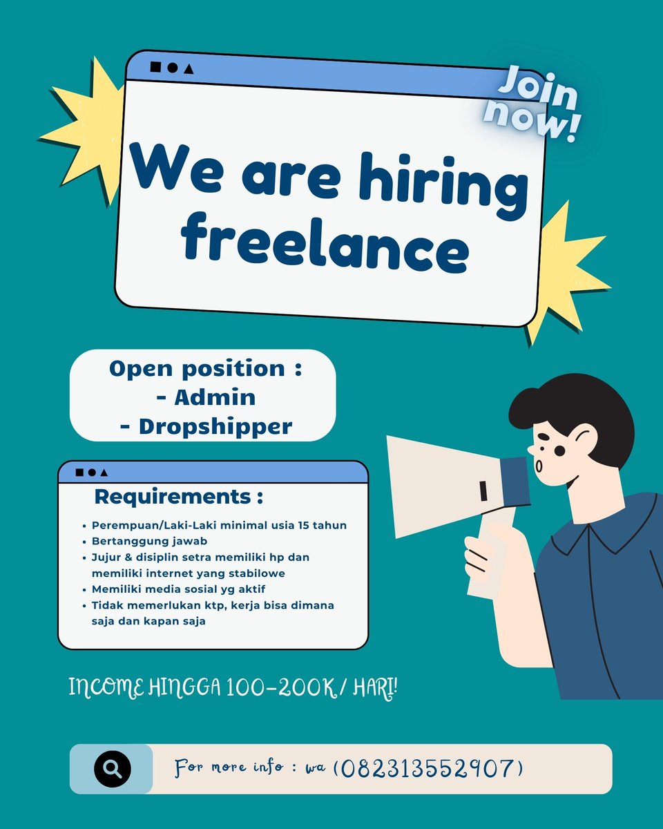 hcchaaan's tweet photo. OPEN RECRUITMENT FREELANCER‼️

Posisi :
🍁 Admin online
 🍁Dropshipper

🍍Jam kerja fleksibel, WFH
👨‍🎓Cocok untuk Mahasiswa / pelajar SMA
💸 PENGHASILAN 300K - 1JT/MINGGU
📌Tanya-tanya bisa DM atau langsung ke Whatsapp.
JOIN NOW‼️
 #freeance #zonaBU #zonauang #Zonajajan https://t.co/ANkN0xcYk1