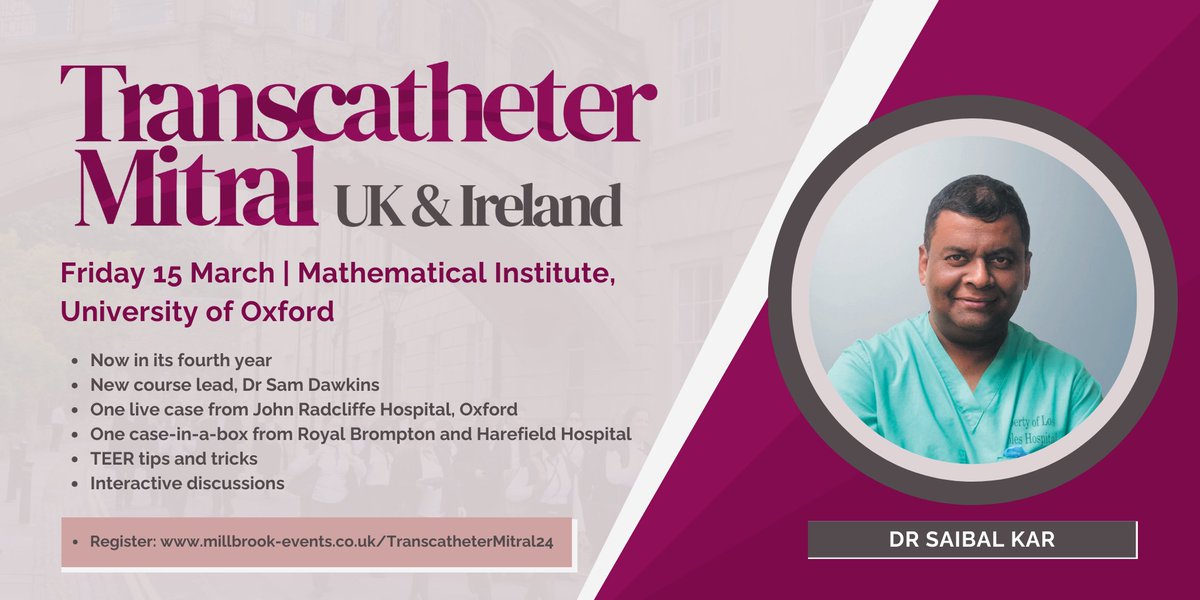 Millbrook Medical Conferences (@millbrookmed) on Twitter photo 💜Faculty announcement for Transcatheter Mitral UK & Ireland: Dr Saibal Kar, who is due to give a presentation on 'Recurrent Mitral Regurgitation After #TEER: Redo TEER'💜
Register for #TranscatheterMitral here: bit.ly/48S9vYU
<a href="/samdawkins/">Sam Dawkins</a> <a href="/drtpatterson/">Tiffany Patterson</a> <a href="/EeLingHeng1/">Ee Ling Heng</a> 💜Faculty announcement for Transcatheter Mitral UK & Ireland: Dr Saibal Kar, who is due to give a presentation on 'Recurrent Mitral Regurgitation After #TEER: Redo TEER'💜
Register for #TranscatheterMitral here: bit.ly/48S9vYU
<a href="/samdawkins/">Sam Dawkins</a> <a href="/drtpatterson/">Tiffany Patterson</a> <a href="/EeLingHeng1/">Ee Ling Heng</a>