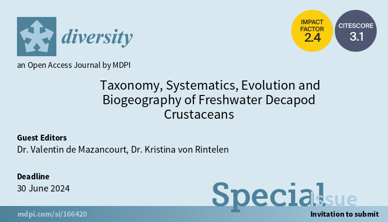 VdeMaz's tweet photo. Deadline extension for our special issue of the
@DiversityMDPI journal, I am happy to invite interested researchers to submit papers on #Taxonomy #Systematics #Evolution and #Biogeography of #Freshwater #Decapod #Crustaceans More details here: https://t.co/Xp4qzn2qxY https://t.co/Jvr681XVSq