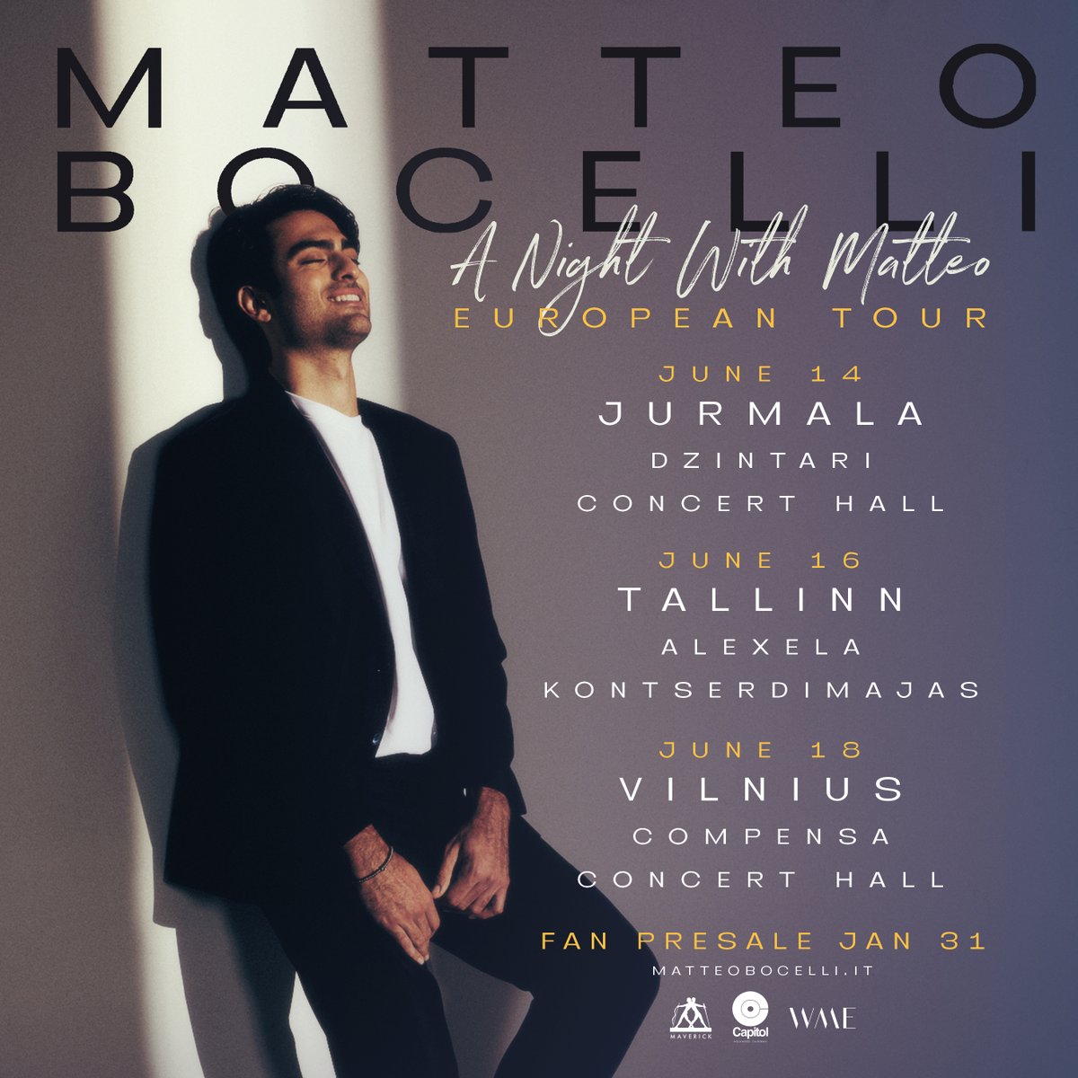 I’m very happy to announce that I’ll be playing in Latvia, Estonia and Lithuania 🙌🏻 Tickets will be available from this Friday, Feb 2nd or you can sign up for my mailing list at matteobocelli.it to be mailed a fan presale code later today. Can't wait to see you there ❤️