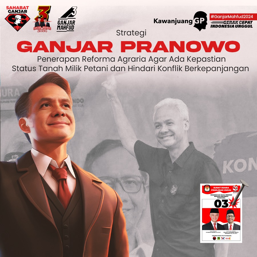 Strategi Ganjar Pranowo penerapan reforma agraria agar ada kepastian status tanah milik petani dan hindari konflik berkepanjangan. 
#GanjarAtasiKemiskinanRI