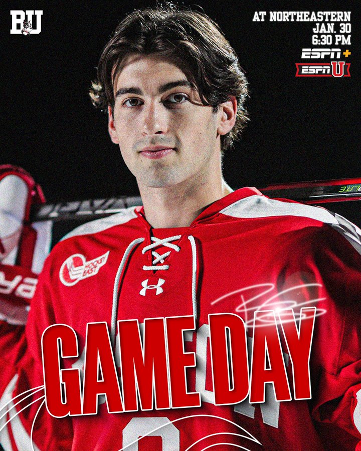 Game day graphic featuring posed photo of Ryan Greene. BU at Northeastern, Jan. 30, 6:30 PM on ESPN+ and ESPNU