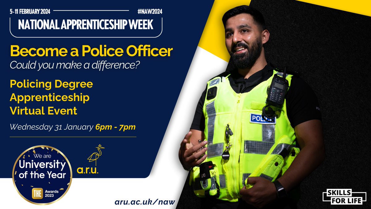 Are you a year 12 or 13 student interested in launching your career with our Police Constable Degree Apprenticeship?

Don't miss our virtual event tomorrow evening. Hear from our apprentice police officers, partner forces &amp; apprentice experts.

Register > aru.li/3vC4PYH