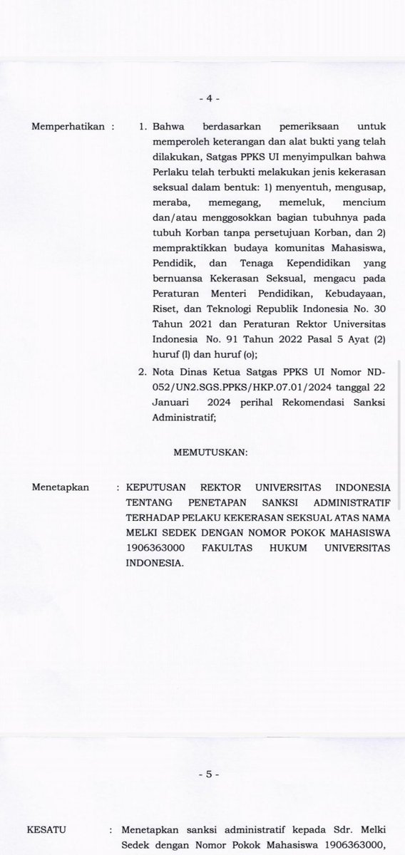 BulanPemalu's tweet photo. [KETUA BEM UI 2023 TELAH TERBUKTI MELAKUKAN KEKERASAN SEKSUAL]

Setelah diduganya Melki Sedek Huang @namasayamelki melakukan KS pada 18 Desember 2023, per 29 Januari 2024, Melki Sedek Huang TELAH TERBUKTI melakukan KS berdasarkan SK Rektor UI No. 49/SK/R/UI/2024. https://t.co/J9bo2zSGKG