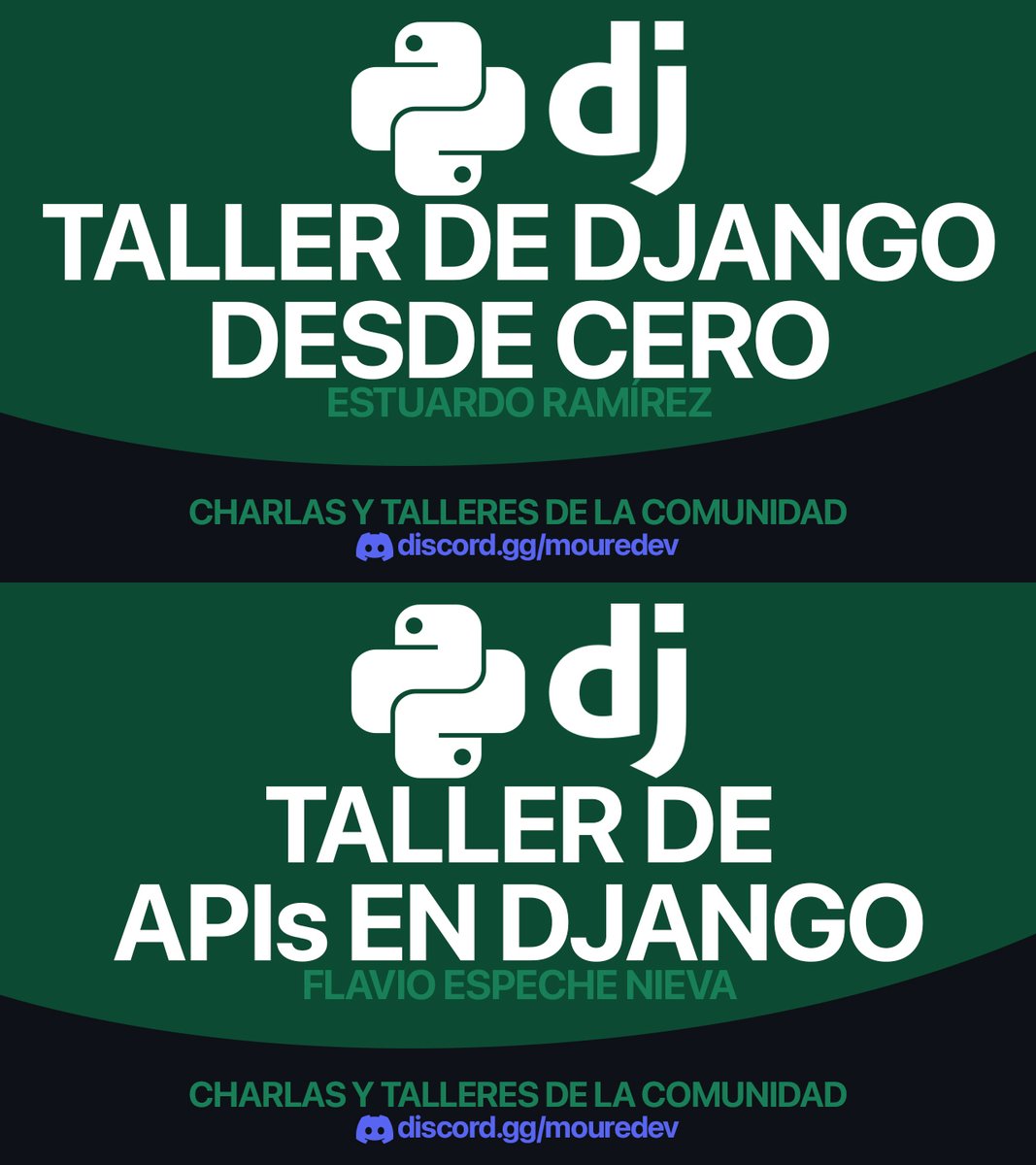 La comunidad va a impartir 2 talleres de Django desde Discord!

Aquí tienes el horario y la información de los eventos.

Día 6: Django desde cero
discord.gg/dVaYgJny?event…

Día 13: APIs en Django
discord.gg/dVaYgJny?event…

Gratis y para todo el mundo (se grabarán) 💪