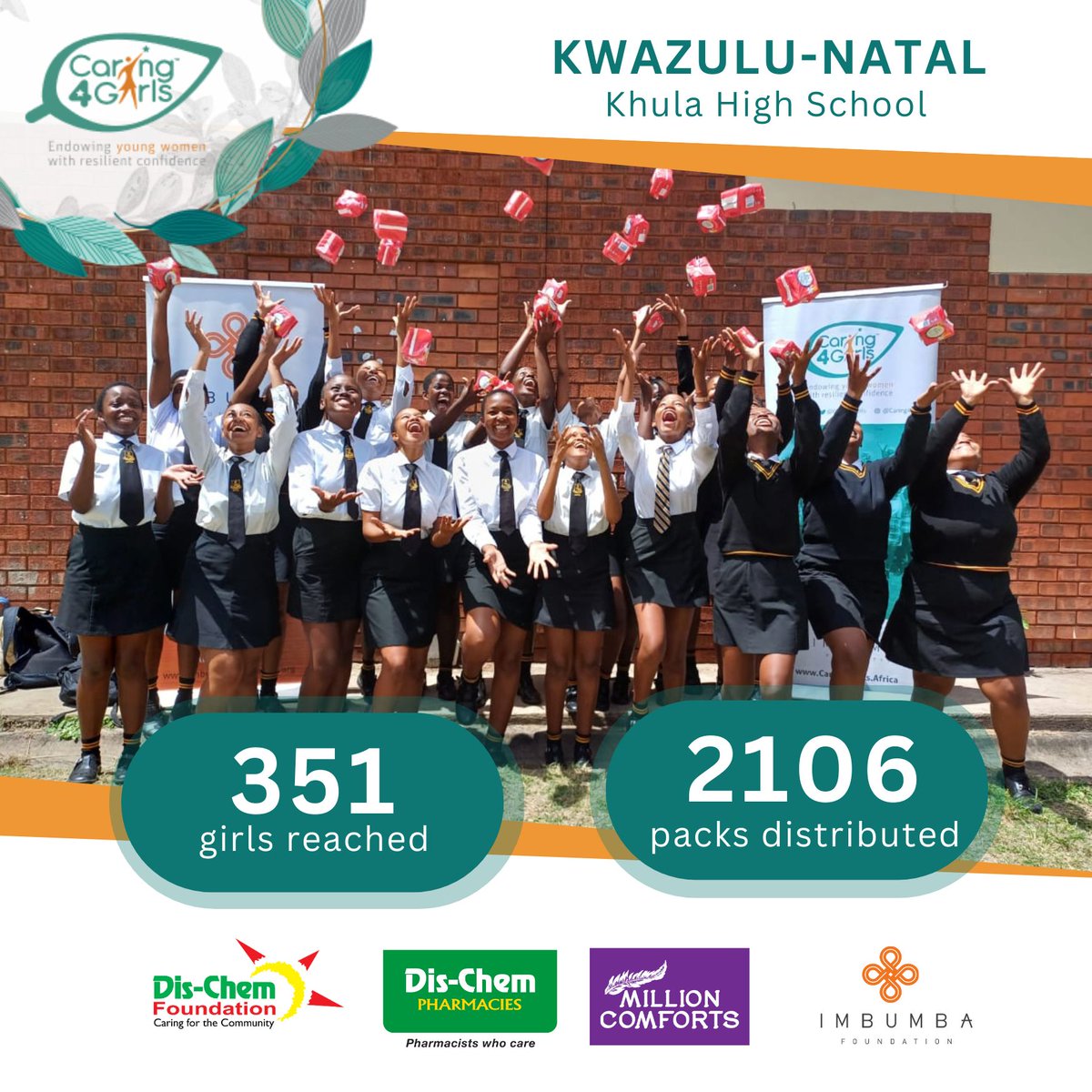 Caring4Girls's tweet photo. Last week we empowered 1043 girl children from 3 schools in the KwaZulu-Natal through #MillionComforts by providing them with 6 months supply of sanitary pads. #KeepingTheGirlChildInSchool #MillionComforts #DisChemFoundation @dischem_pharmacies https://t.co/loHbEHXgN4