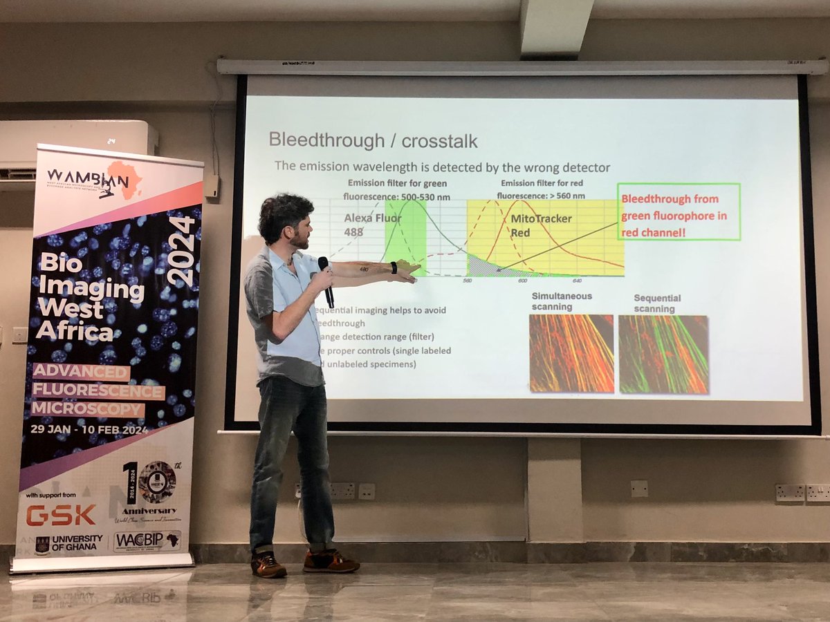 Love a good review on fluorescence microscopy. @pez_hayes from @BIMSB_MDC started the 2nd day of Bio-Imaging West Africa 2024 at the @WACCBIP_UG. Sponsored by @GSK