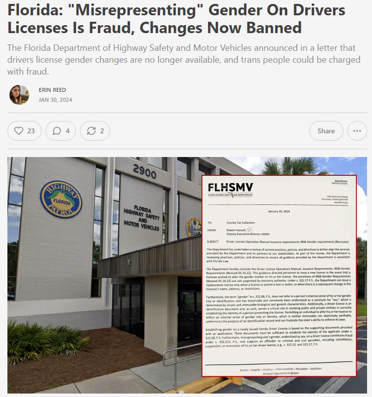 ErinInTheMorn's tweet image. 1. Just in: In stunning news released overnight, Florida Dept. Motor Vehicles has now banned gender marker changes unilaterally.

A letter released says that all trans people "misrepresenting" their gender are guilty of fraud, revocations likely.

Subscribe to support my work.