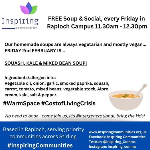 Inspiring_Comms's tweet photo. There's nothing quite like a comforting bowl of homemade soup! This Friday we have SQUASH, KALE &amp; MIXED BEAN soup served from 11.30am!
All welcome, come along from 10am for a cuppa 📷
#InspiringCommunities #SoupForTheSoul https://t.co/gzUL5Af6WD